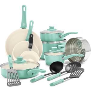 GreenLife Soft Grip 16 Piece Cookware Set, Non-Toxic PFAS-Free Ceramic Nonstick, Pots, Frying, Sauce, Saute, Glass Lids, Stay-Cool Handles, Wobble Free Bases, Dishwasher & Oven Safe, Turquoise