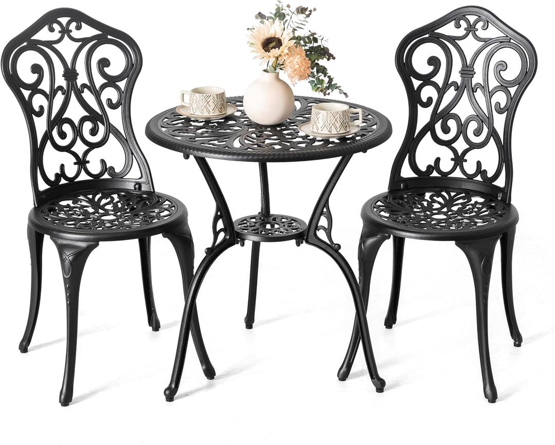 NUU GARDEN 3 Pieces Patio Bistro Set, Outdoor Bistro Set with 2 Chairs, Round Table with Umbrella Hole, All-Weather Outdoor Patio Bistro Set for Garden, Lawn, Poolside, Porch, Black (No cushion, Wing Backrest)