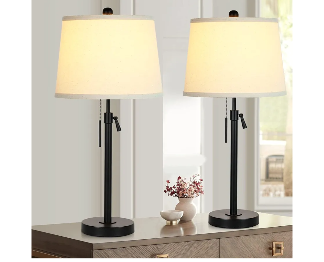Bedside Table Lamps Set of 2: Tall Black Table Lamps for Living Room End Table | Height Adjustable 3-Way Dimmable Nightstand Lamp with Pull Chain Switch Modern Lamps for Bedroom Office(Bulbs Included)