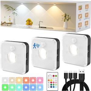 3 Pack Rechargeable Puck Light with Remote,Motion Sensor Cabinet Lights | 3 Temps 9 RGB Dimmable Under Cabinet Lighting with Timer, Magnetic for Display Shelf Kitchen Bedroom Decor (Black)