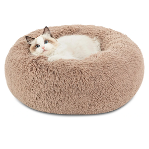 Bedsure Calming Cat Beds for Indoor Cats - Small Cat Bed Washable 20 inches, Anti-Slip Round Fluffy Plush Faux Fur Pet Bed, Fits up to 15 lbs Pets, Camel