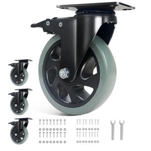 5 Inch Caster Wheels, Casters Set of 4 Heavy Duty, BZOLIHEU Locking Casters, Silent Top Plate Swivel Caster with Brake, Grey Polyurethane Castor Wheels for Furniture and Workbench Cart