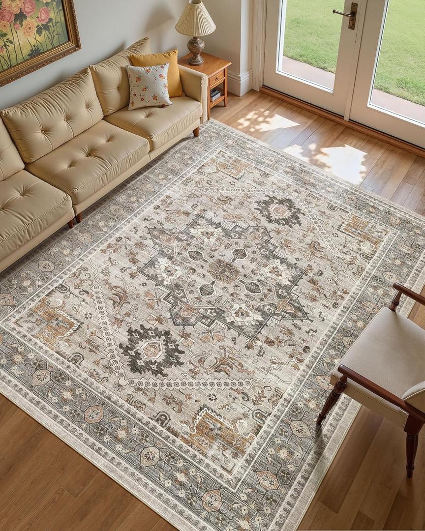 9x12 Vintage Area Rug: Washable Neutral Soft Non Slip Thin Large Floor Carpet for Living Room Bedroom Kitchen Dining Room Home Office Farmhouse Indoor - Taupe