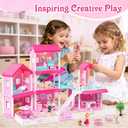Toylink Pink Doll House for Girls, 3-Story Villa Playset with Light, 3 Dolls, Pool & Slide, Dollhouse Furniture and Accessories, Pretend Play Toddler Toys Birthday Gifts for Kids 3 4 5 6 7 8