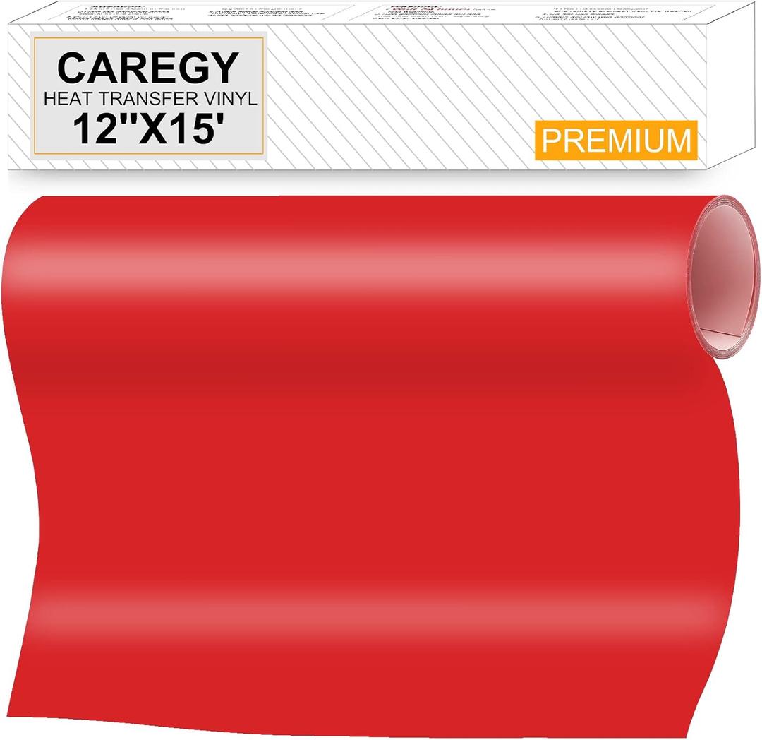 CAREGY HTV Heat Transfer Vinyl Iron on Vinyl 12 inch x15 Feet Roll Easy to Cut & Weed DIY Design for T-Shirts (Red)