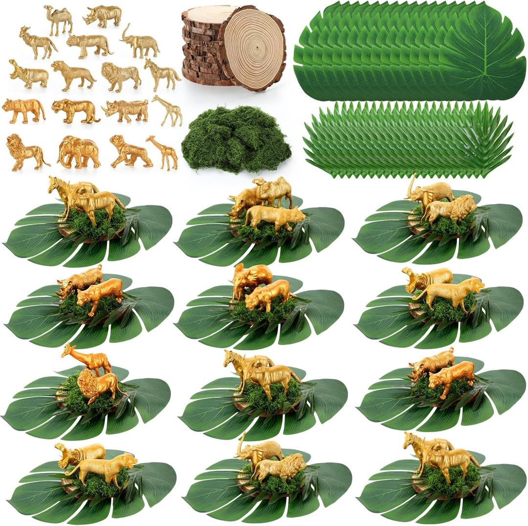 85 Pcs Jungle Party Decorations Set Includes 24 Safari Animals 48 Tropical Palm Leaves 12 Wood Slices 1 Artificial Moss Table Centerpieces for Wedding Hawaiian Luau Jungle Safari (Gold)