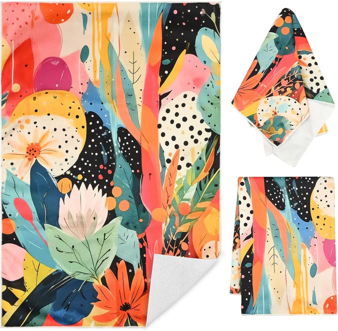 Abstract Boho Floral Kitchen Towels Set of 2 - Colorful Floral Hand Towels 16x24In Maximalist Eclectic Geometric Tea Towels, Mid Century Modern Decorative Dish Towels for Home Bathroom & Kitchen Decor