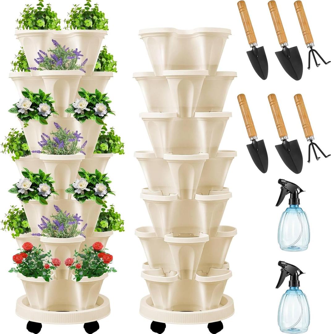 Umigy 2 Set of 7 Tier Vertical Planter Stackable Tower Planters Strawberry Herb Flower and Vegetable Pots Indoor Outdoor Gardening Pots with Removable Wheels and Tools(Beige)