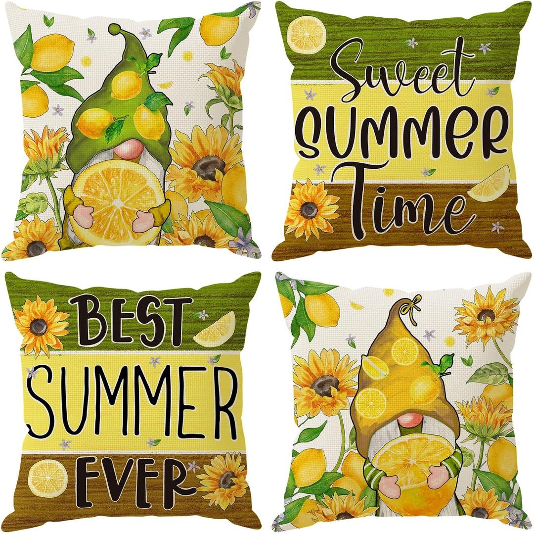 Watercolor Gnome Sunflower Lemon Summer Pillow Covers Throw Pillow Cases Set of 4 Decorations for Home Sofa Cushion Cover Party Holiday Decor 20x20 Inch