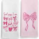 Christian Coquette Pink Bow Kitchen Towels Set of 2, Preppy Pink Bow Hand Towel for Bathroom, Christian Bible Verse God Say I am Decorative Hand Dish Tea Towels for Girly Girl's Room 16X24In