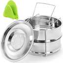 WUWEOT Stackable Steamer Insert Pans, 2 Tier Stainless Steel Pot-in-Pot Baking Pan, Pressure Cooker Accessories with Sling Handle and Silicone Gloves for Instant Pot
