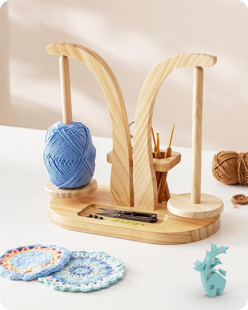 Baffect Yarn Holder Magnetic, Yarn Ball Holder Wooden, Yarn Spindle with Double Spindles, Spinning Yarn Holder for Crochet Lovers (Natural)