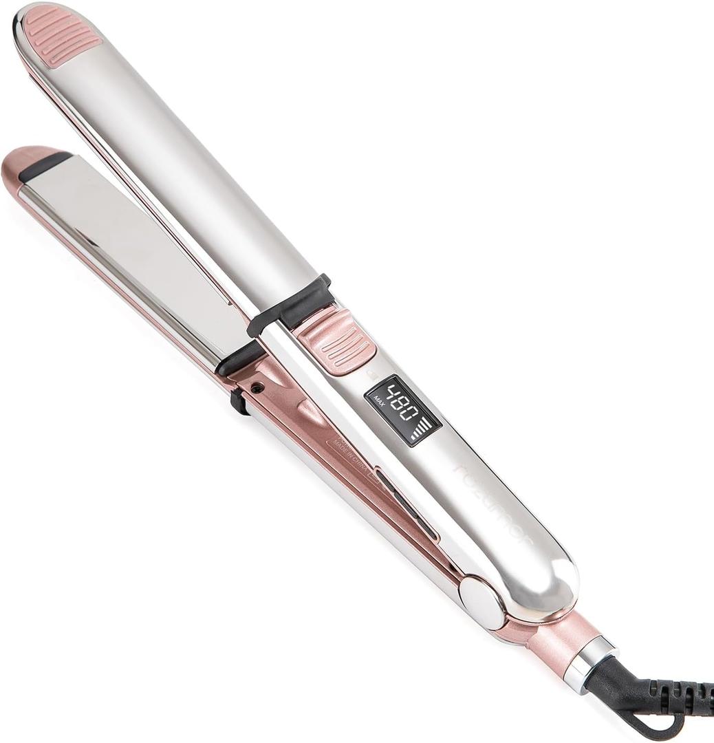 Rozamor 2-in-1 Titanium Ionic Flat Iron,Professional Hair Straightener & Curler, Fast Heating, Dual Voltage, Pink, for All Hair Types
