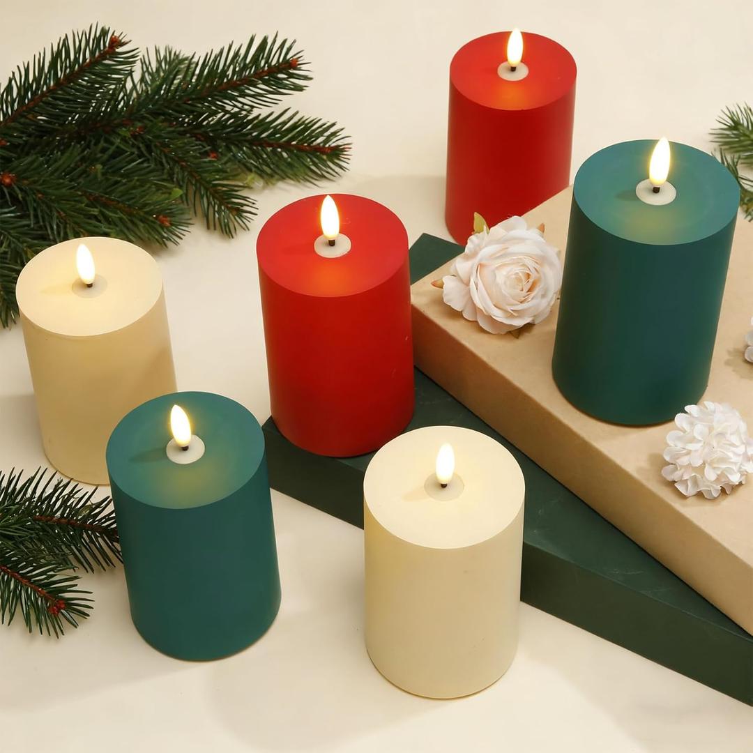 Tuanse 6 Pcs Valentine's Day LED Flameless Candles 4.3" Battery Operated LED Lights Electric Decorative Pillar Candle for Wedding Party Romantic Decorations Room Decor Gifts(Green, Red, Ivory)