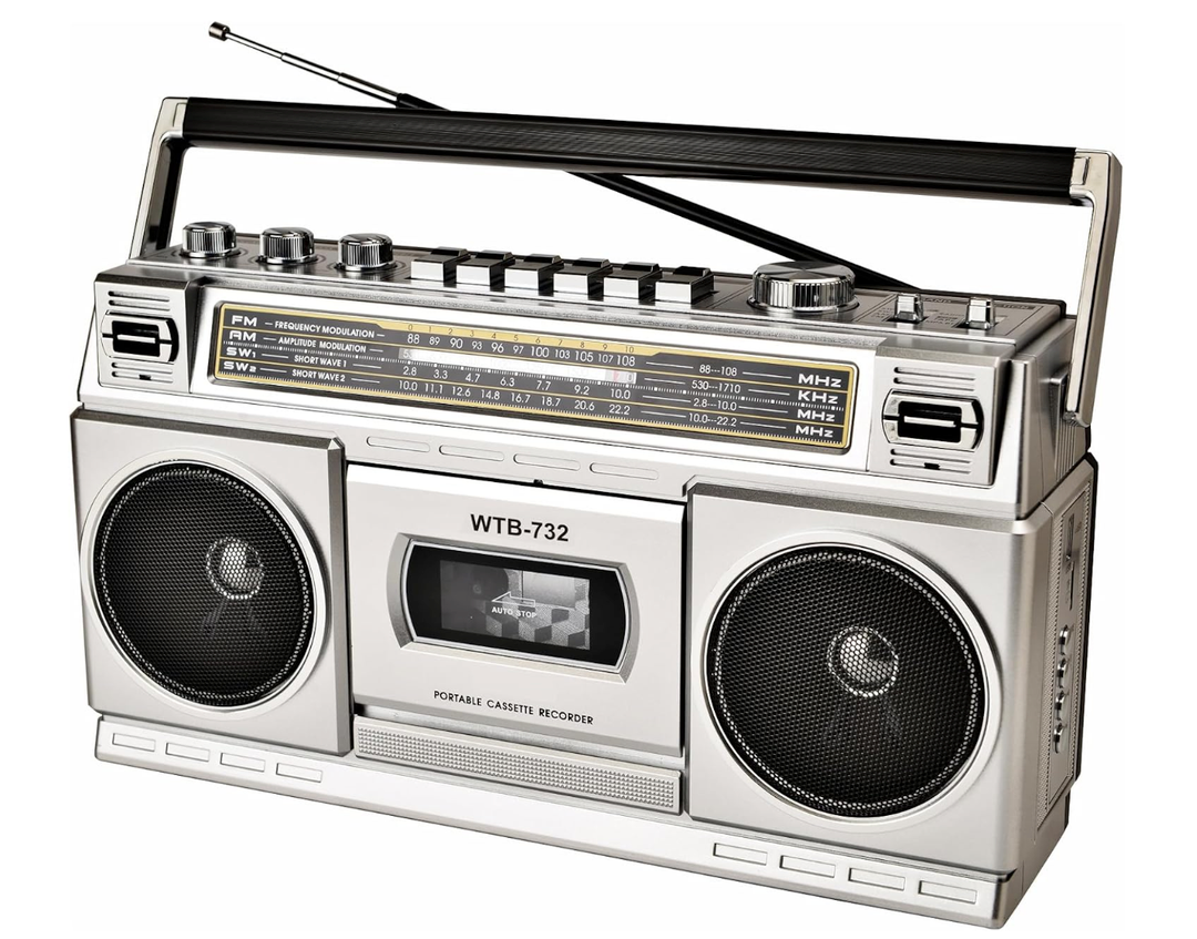 Retro Classic 80s Style Portable Boombox with Cassette Player Recorder, AM/FM/SW1/SW2 Radio, Bluetooth, USB/Micro SD Slots, Headphone Jack, 24W Dual FullRange High Bass Speakers