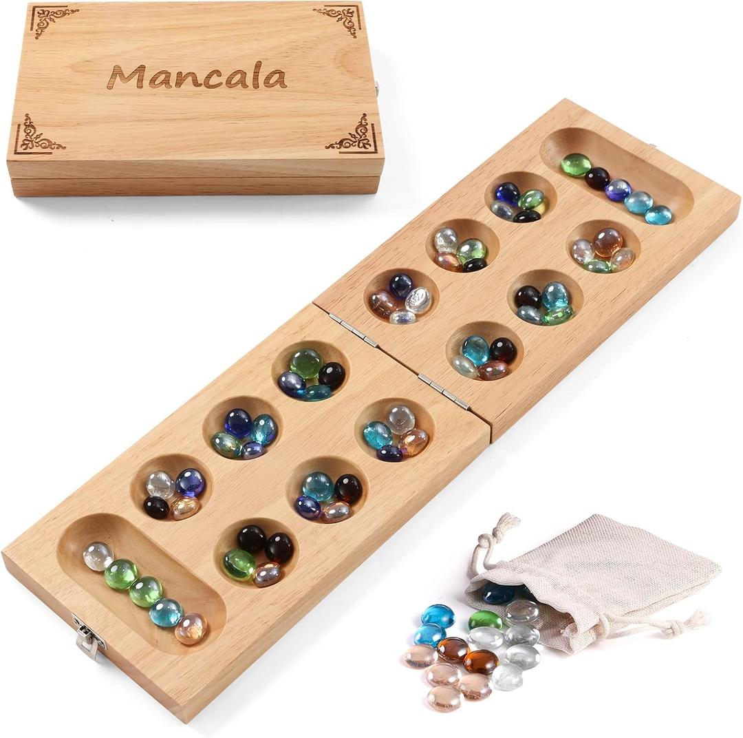 Ceebyfa Mancala Board Game for Kids, Adults & Family. Includes Folding Rubber Wood Board, 48+10 Mancala Stones & Instruction. Classic & Portable Marble Game for Travel.(Natural Color)
