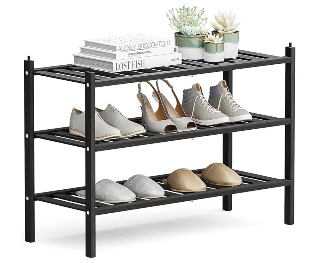 Shoe Rack, 3-Tier Bamboo Stackable Shelf Storage Organizer, Stand for Closet, Entryway, Hallway, Bathroom and Living Room（Black）