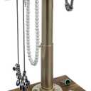 MyGift Modern Brass-Tone Metal Jewelry Display Stand with Industrial Pipe Adjustable Height T-Bar Necklace Bracelet Hanging Organizer Rack with Rustic Burnt Wood Base