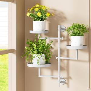 Wall Mount Plant Holder Outdoor Rotating Window Plants Shelves Metal Wall Plant Stand 3 Tier Wall Planters for Indoor Plants, for Outdoor, White