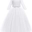 Girls Flower Vintage Floral Lace 3/4 Sleeves Floor Length Dress Wedding Party Evening Formal Pegeant Dance Gown (White), Size 170
