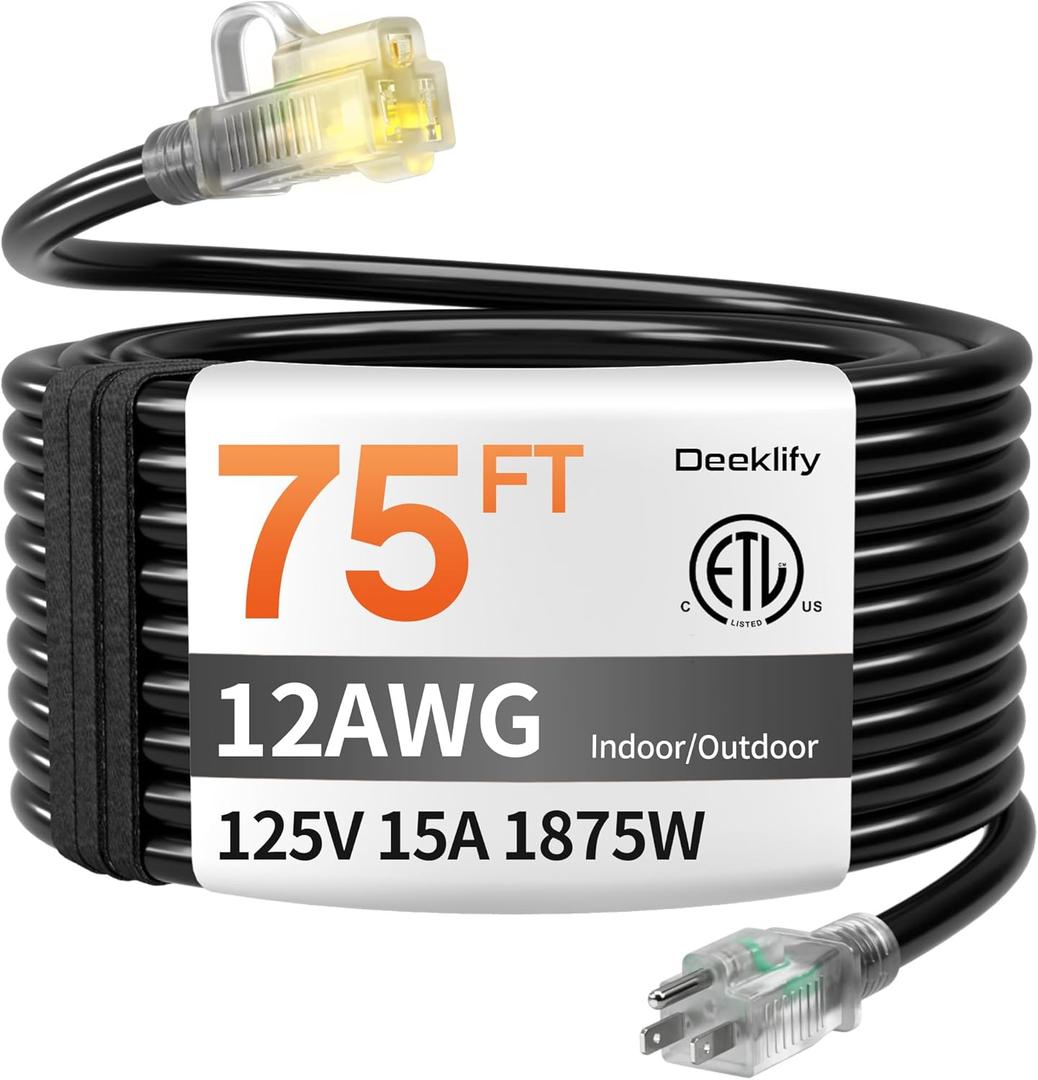 12AWG 75 FT Heavy Duty Outdoor Extension Cord Waterproof with Lighted End,Black 12 Gauge Extension Cord Flexible and Cold Resistant 3 Prong Grounded Plug,15Amp 1875W SJTW ETL Listed