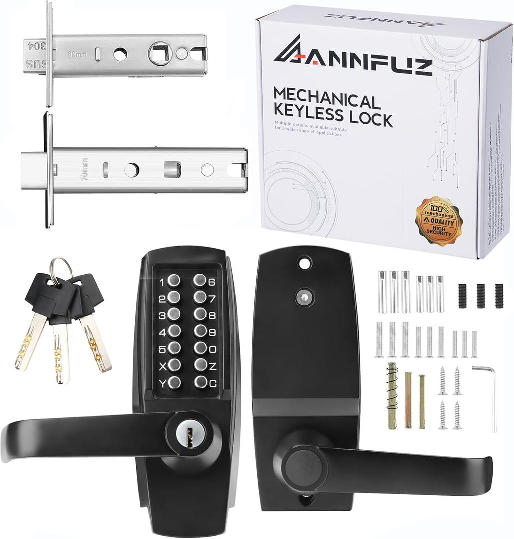 New Mechanical Keyless Keypad Entry Door Hanle Lock with Key,No Electronic,Single-Side Push Button Combination Code Door Lever Set,Interior Hold-Opening,for Front Gate, Outdoor (Matte Black)