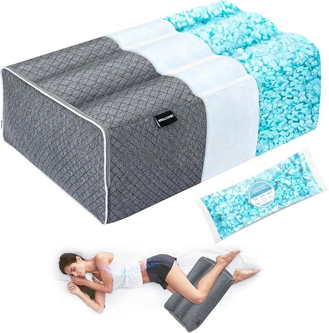 Shredded Memory Foam Knee Pillow for Side Sleeper, Adjustable Legs Pillow with Inner Pillowcase and Extra Foam Filler, Spine & Relieves Pressure Hip & Leg Elevation, Grey