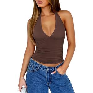 REORIA Womens Halter Tank Tops Double Lined Basic Cami Shirts Sexy Backless Y2K Trendy Going Out Tops, Chocolate X-Large
