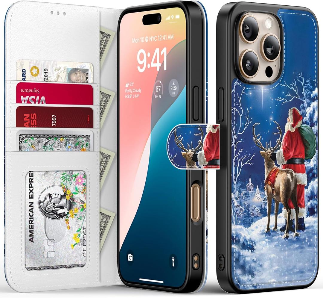 FUNMIKO Christmas Wallet Phone Shell for iPhone 16 Pro,Detachable Flip Folio Leather Cover,RFID Blocking 4 Card Slots Holder,Magnetic Kickstand,Trendy Design,Starry Night Santa Claus