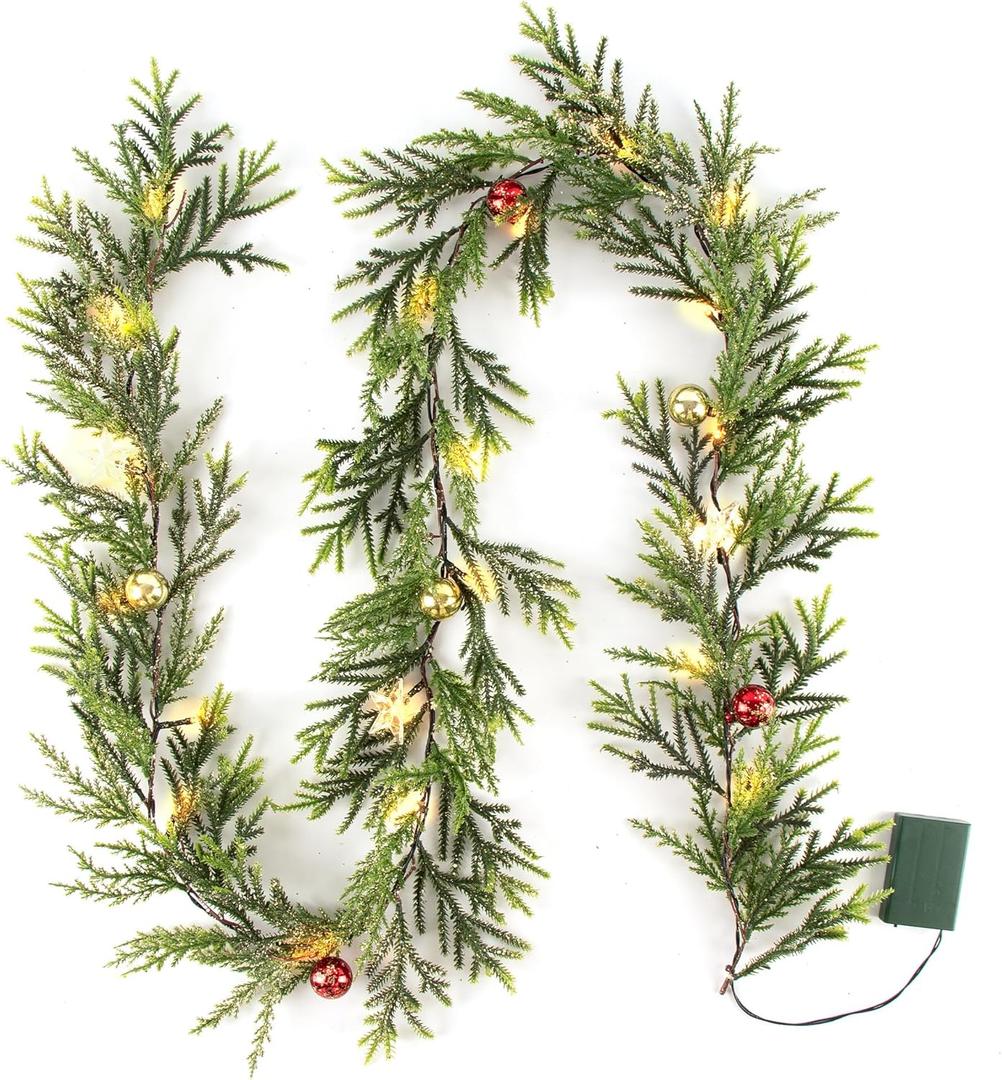 6 FT Artificial Christmas Garland, Faux Gold Spruce Garland with 20 LED Lights, Red Gold Ball Ornaments and Stars, Lighted with Timer, Perfect for Christmas Indoor Outdoor Decoration