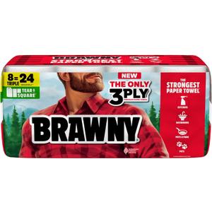 Brawny Tear-A-Square 3-Ply Paper Towels, 8 Triple Rolls = 24 Regular Rolls, Strong, Absorbent, and Durable with 3 Sheet Sizes (Quarter, Half, Full)
