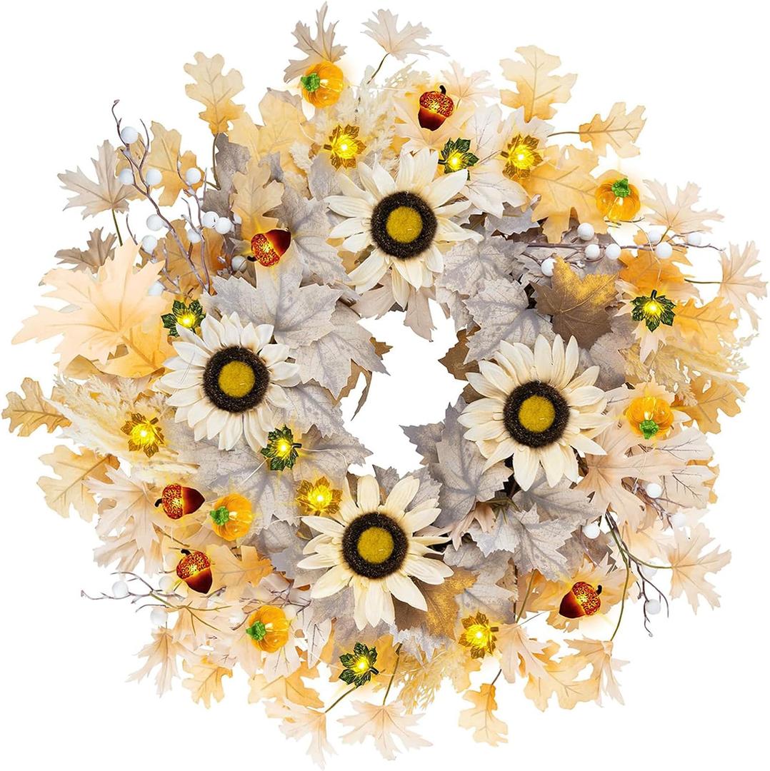 Realistic Fall Wreath with Light 26" Fall Wreaths for Front Door with Fall Leaves Berries Fall Leaves,Sunflower,Autumn Wreath Fall Decorations for Home Thanksgiving Halloween Decorations for Wall Door