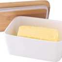 Large Ceramic Butter Dish with Lid and Natural Oak Wood Cover for Kitchen Decor and Accessories for Kitchen Gift, White