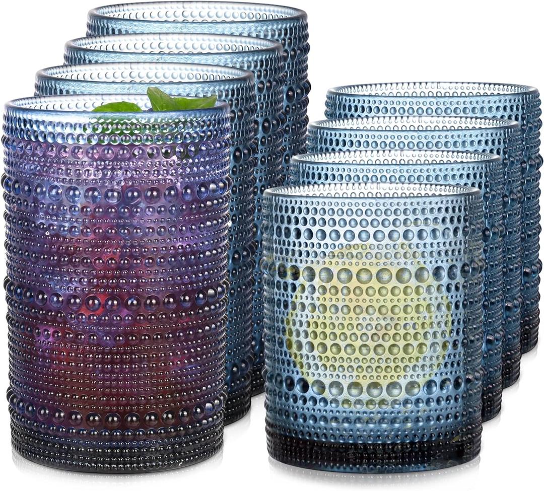 Blue Hobnail Drinking Glasses Set of 8 - 4 pcs 15 oz highball glasses and 4 pcs 12 oz cocktail glasses, Drinkware Kitchen Glasses for Cocktail, Iced Coffee, Beer, Ice Tea, Wine, Whiskey, Water