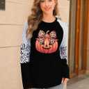 Graphic Shirts Women Pumpkin T Shirt Grateful Blessed Print Long Sleeve Blouse Leopard Striped Fall Tee (S)