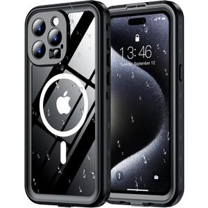 Red2Fire for iPhone 15 Pro Case Waterproof, [Built-in Screen Protector & Camera Protector][Compatible with MagSafe][Full Body Shockproof][IP68 Waterproof][Dustproof] Phone Case 6.1" Black/Clear