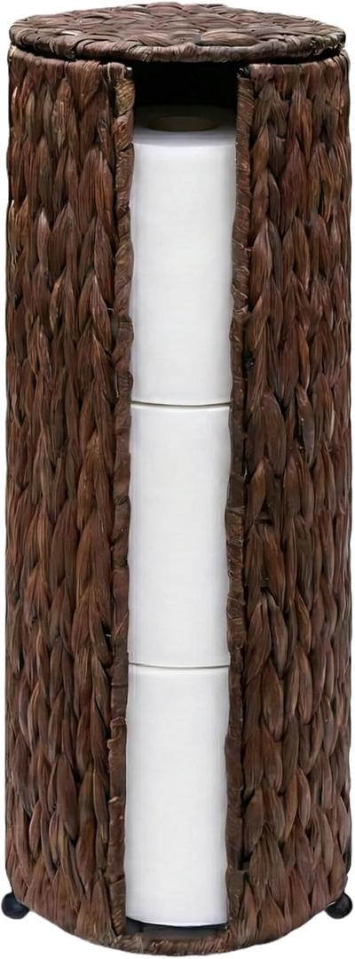 PINXIURY Water Hyacinth Paper Roll Holder, Wicker Toilet Paper Holder Stand for Bathroom, Toilet Roll Holder Stand for Bathroom and Under Sink, 3 Rolls of Toilet Paper Storage, Coffee