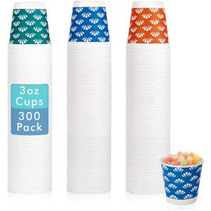 JollyPack 300 Pack 3 oz Disposable Bathroom Paper Cups, Small Mouthwash Cups in Orange, Blue, and Green, Great for Candy, Biscuits, Bathroom Use, Parties, Picnics, and Travel