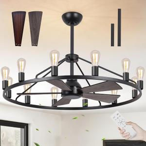 She's home 43" Black Wagon Wheel Chandelier Fan with Light, 12-Lights Large Round Candle Farmhouse Fandelier Ceiling Fan with Light Fixture for Living Room, Dining Room, Height Adjustable, 43in