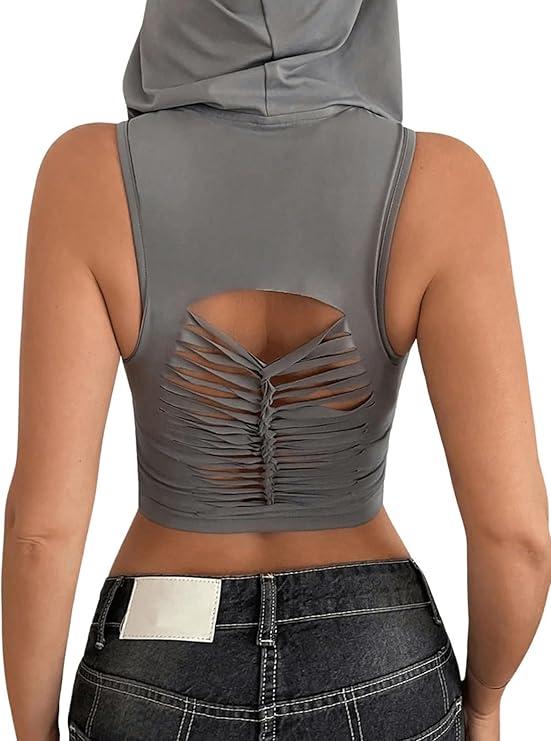 WDIRARA Women's Cut Out Backless Slim Fit Crop Tee Tops Hooded Sleeveless Summer T Shirts M