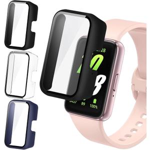 2 x IEOVIEE Screen Protector for Samsung Galaxy Fit 3, 3-Pack Full Around Hard PC Tempered Glass Case with Sensitive Touch Film Protective Case (Black+Clear+Navy Blue)