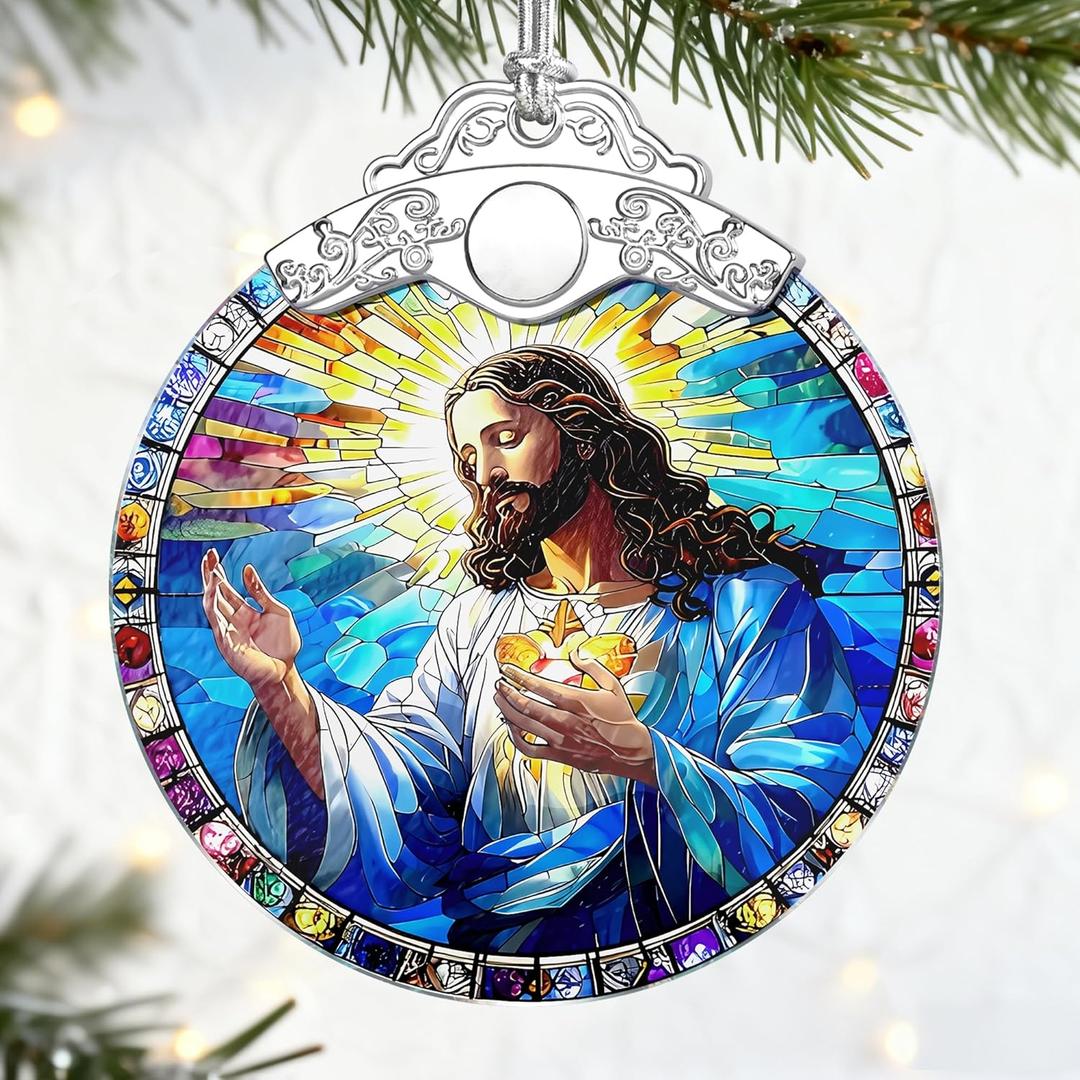 3 x Christian Gifts: Stained Glass Jesus Ornament | Christmas Ornaments (Christmas Tree Ornaments), Religious Holiday Decor, Jesus Christ Decoration, Religious Gifts & Xmas Gift
