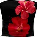 Women's Y2K Floral Tube Top Sleeveless Crop Strapless Tops Slim Fit Hibiscus Bandeau Top (Medium, Black Red)