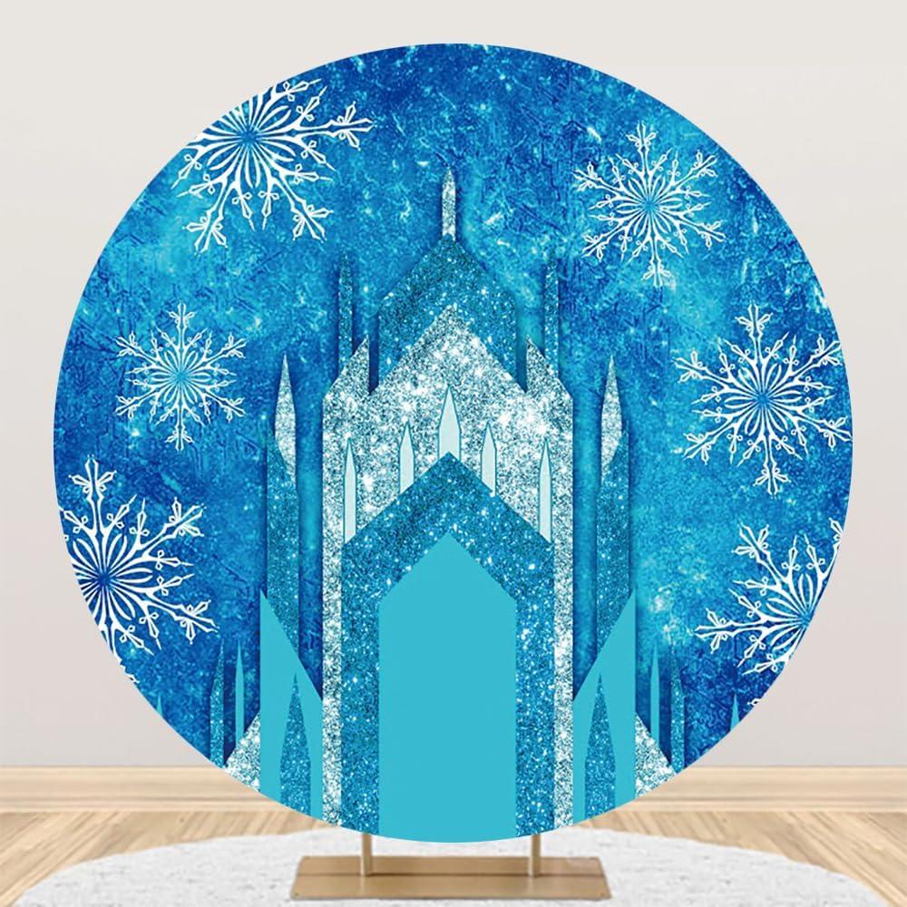 Renaiss 6.5x6.5ft Ice Freeze Castle Round Backdrop Cover Winter Wonderland Circle Photography Background Ice Snow World Snowflake Princess Girl Baby Shower Birthday Party Decor Arch Photo Booth Props