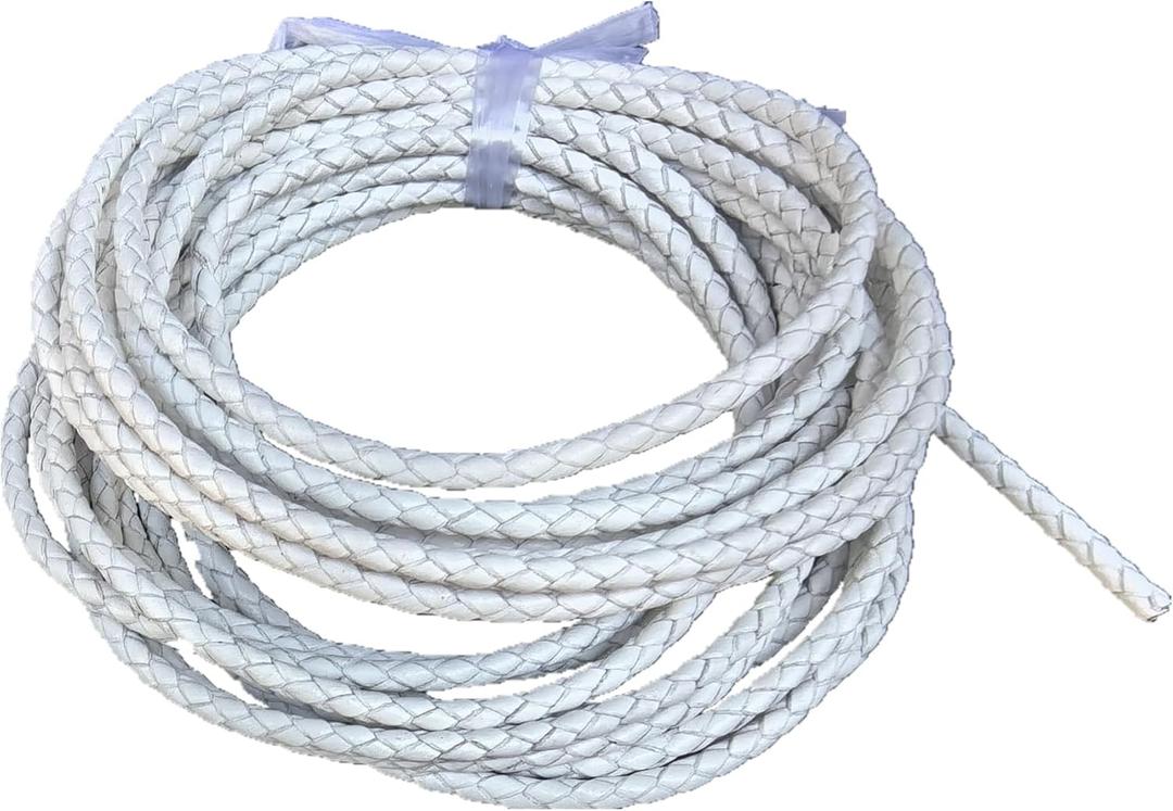 Glory Qin 5 Yards Round Folded Bolo Braided Genuine Leather Cord for Making Bracelet & Jewelry (White, 3mm)