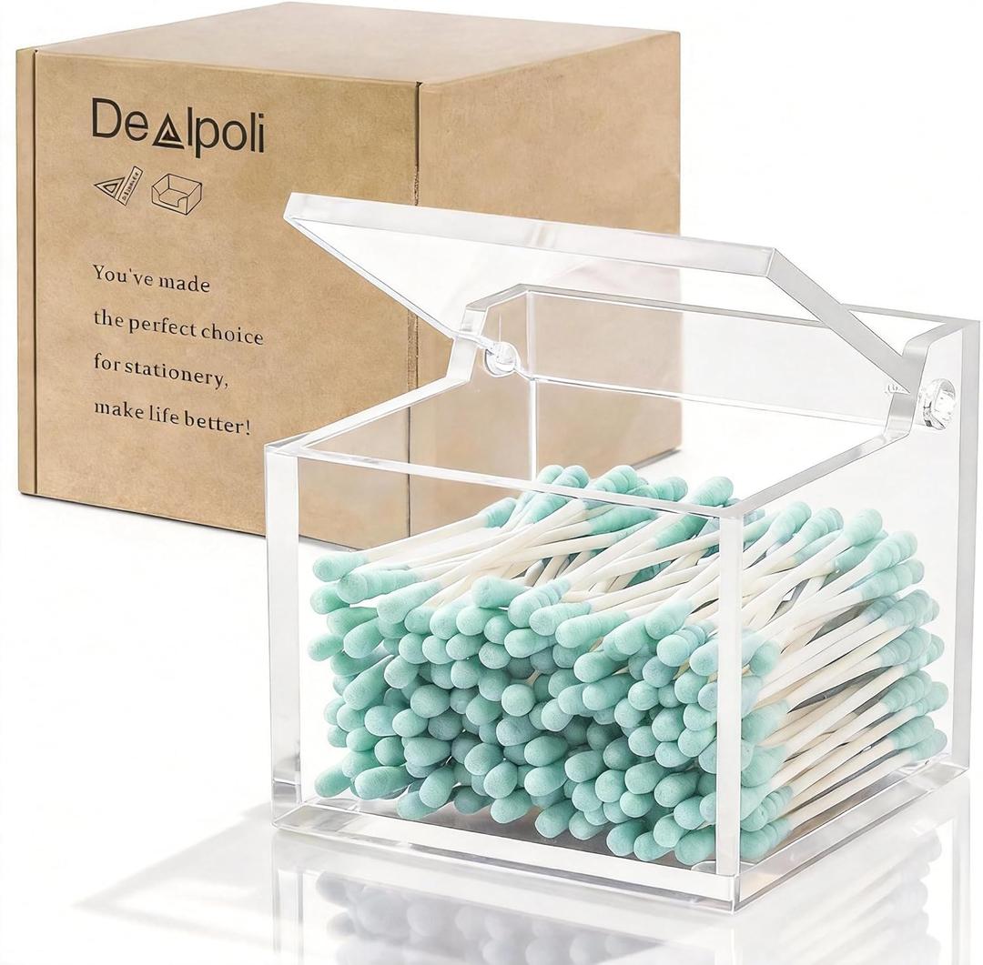 Clear Acrylic Qtip Holder With Lid Cotton Balls Swab Organizer,Square Q Tip Storage, Floss Picks, Bath Salts, Cotton Wab Holder,Home Bathroom Decor (DP011) (Square : 3.5" x 3.5" x 3.5")