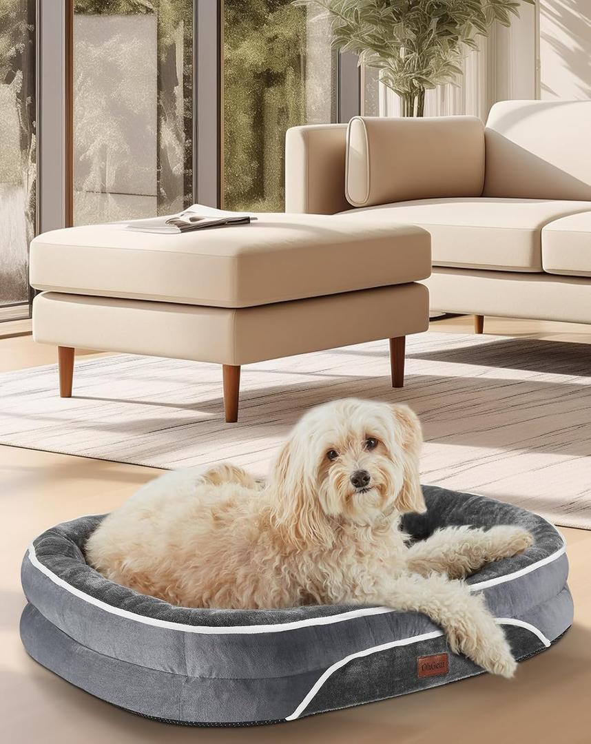 OhGeni Orthopedic Dog Couch Medium Sized Pet Beds for Fathers Gifts with Comfort Foam Support, Soft Indestructible Fabric, Machine Washable Waterproof Removable Cover, 28-Inch (Gray)