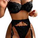 Lilosy Sexy Choker Floral Lace Underwire Push Up Garter Belt Lingerie Set for Women Sheer Bra and Panty 3 Piece (Medium, Black)