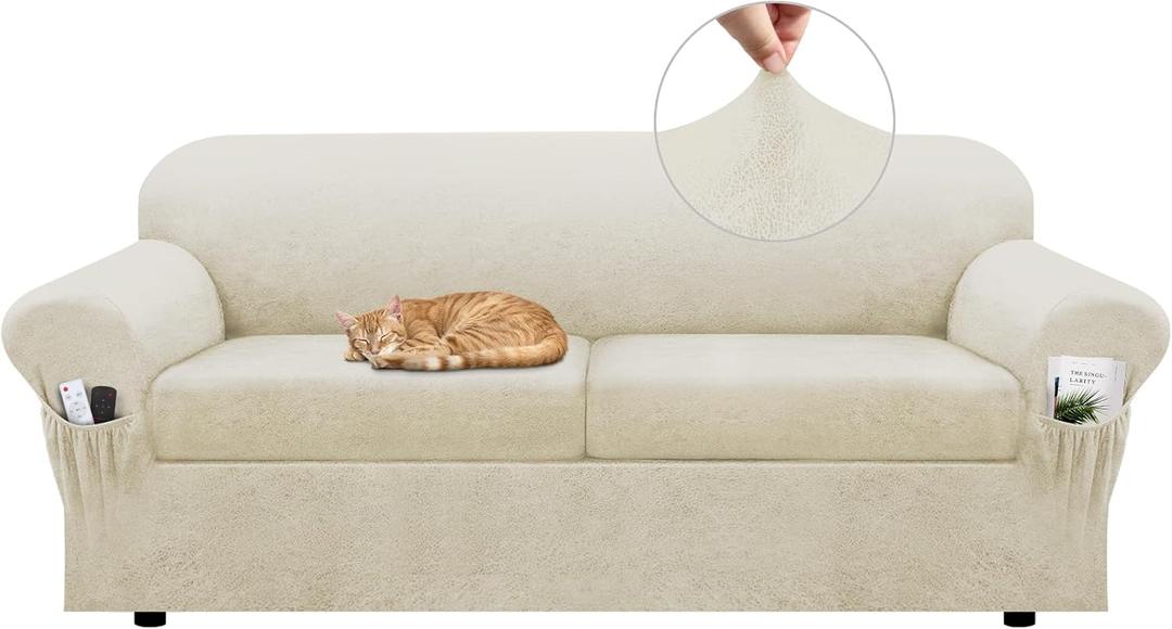 Sofa Slipcover with Armrest Pockets 3-Piece Set, Stretch Faux Leather Couch Cover for 2-Cushion Couches(Fits 72-92") - Non-Slip, Machine Washable, Pet & Kid Friendly - Beige