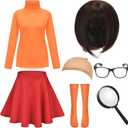 HMPRT Halloween Deluxe Adult Costume for Women,Brown Bob Wig,Turtleneck Top,Skater Skirt,Magnifying Glass,Socks and Glasses, Size Medium